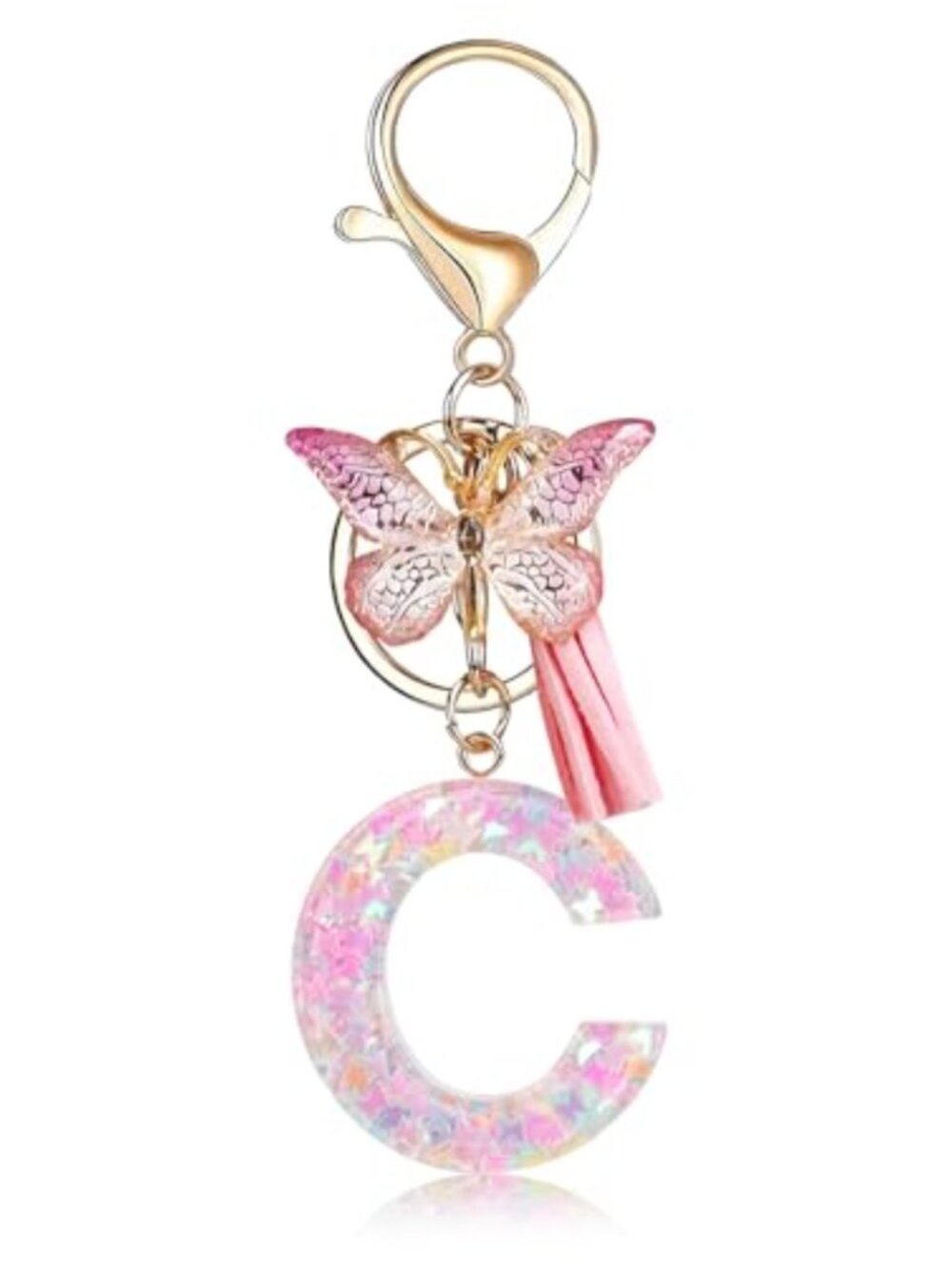 Resin Initial Letter Keychain Butterfly Charm Pink Tassel Bag Purse Accessory